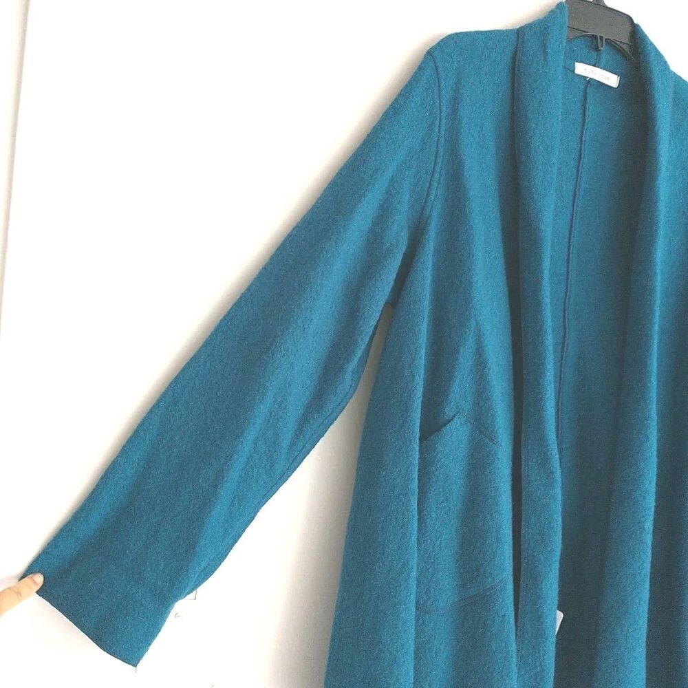 Cut Loose Open Front Coat Womens L XL Blue Teal Boiled Wool Shawl Collar Pockets - Picture 2 of 6